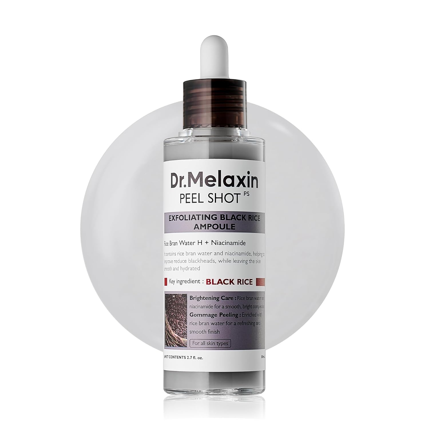 Dr.Melaxin Peel Shot Exfoliating Black Rice Ampoule 2.7 fl.oz - Rice Water AHA BHA Niacinamide Serum for Dead Skin Cells, Blackheads and Pores, Glass Skin Glow, Korean Skin Care Exfoliant